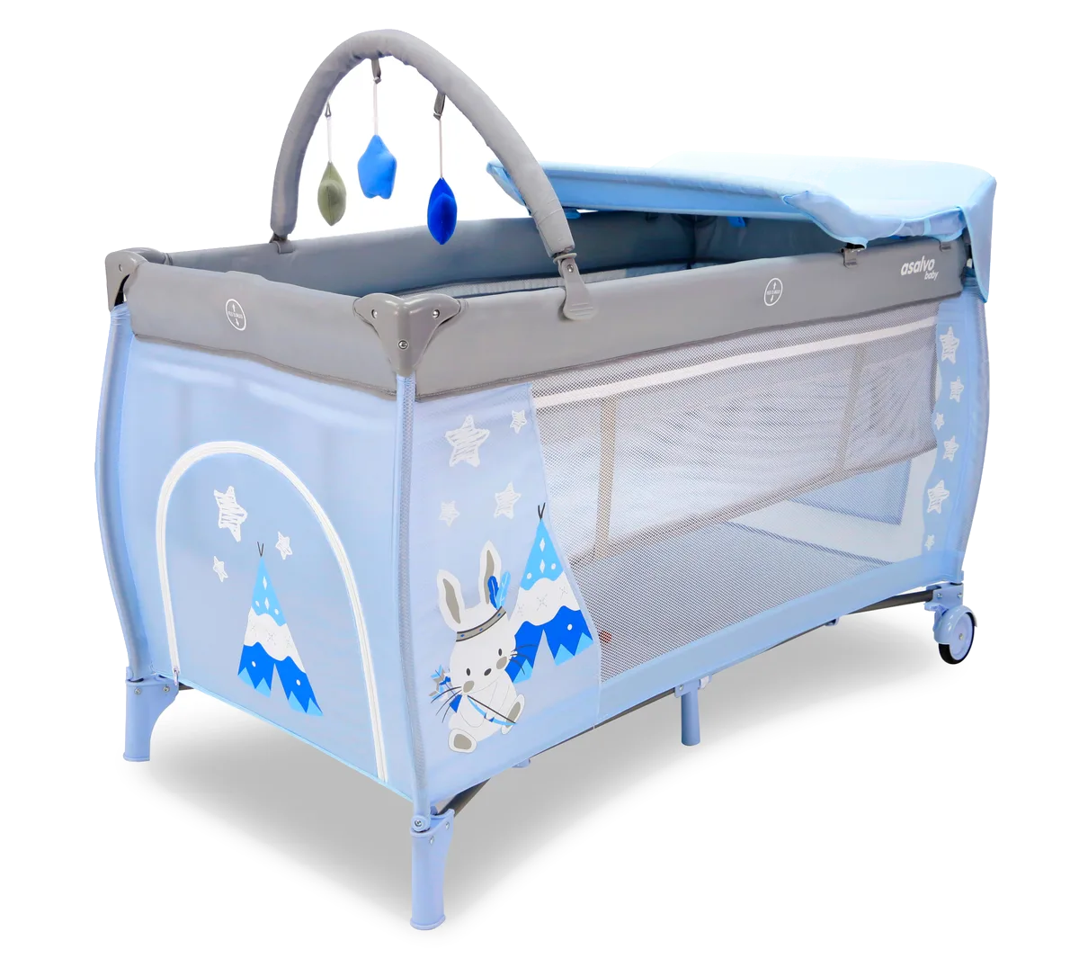 Asalvo Travel Cot Complete with Insert, Changing Table and Opening, Rabbit Tipi/Blue - image 1