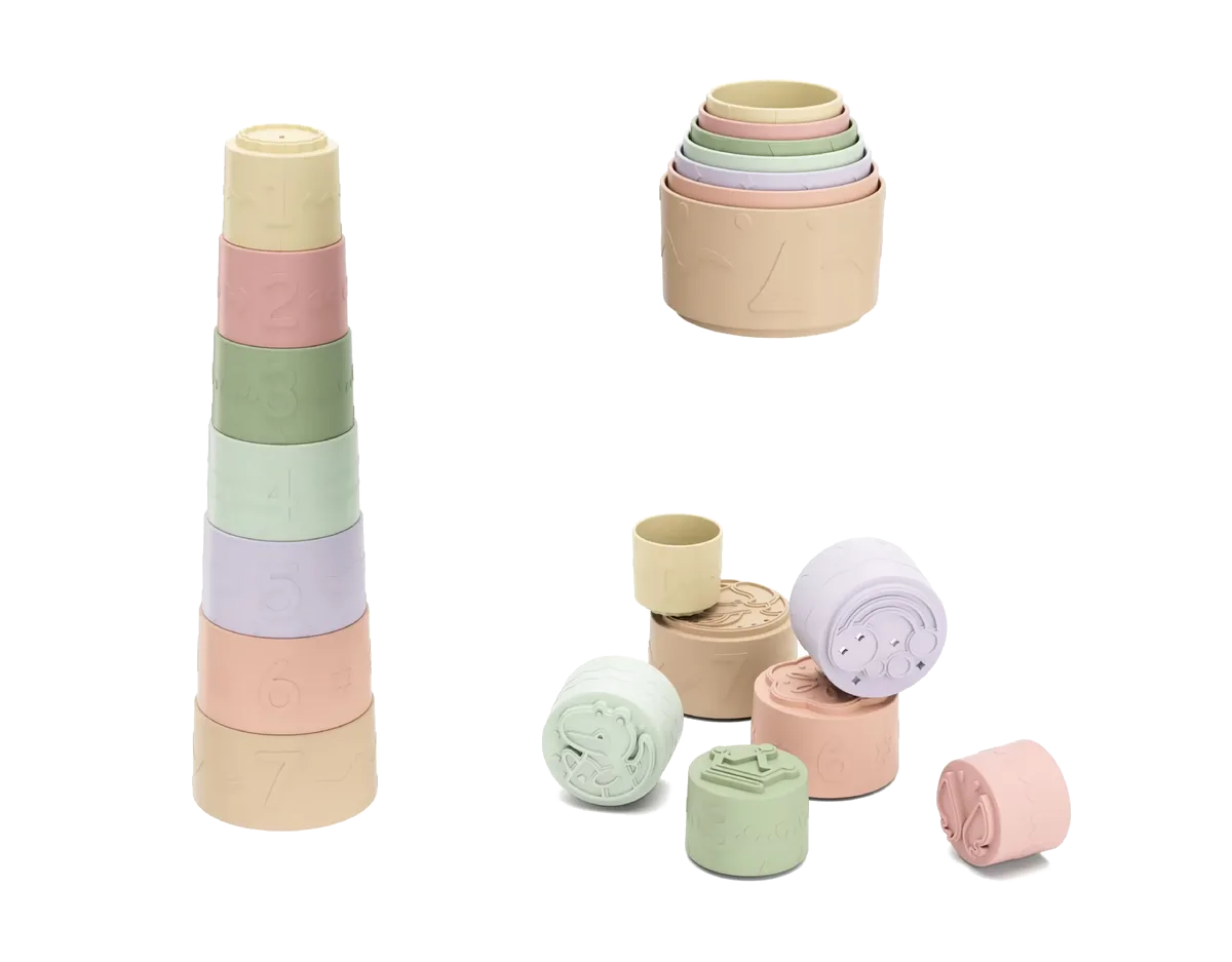 Kinder and Kids Soft plastic bath toy stacking cup with pattern and hole (7 pcs.) - image 1